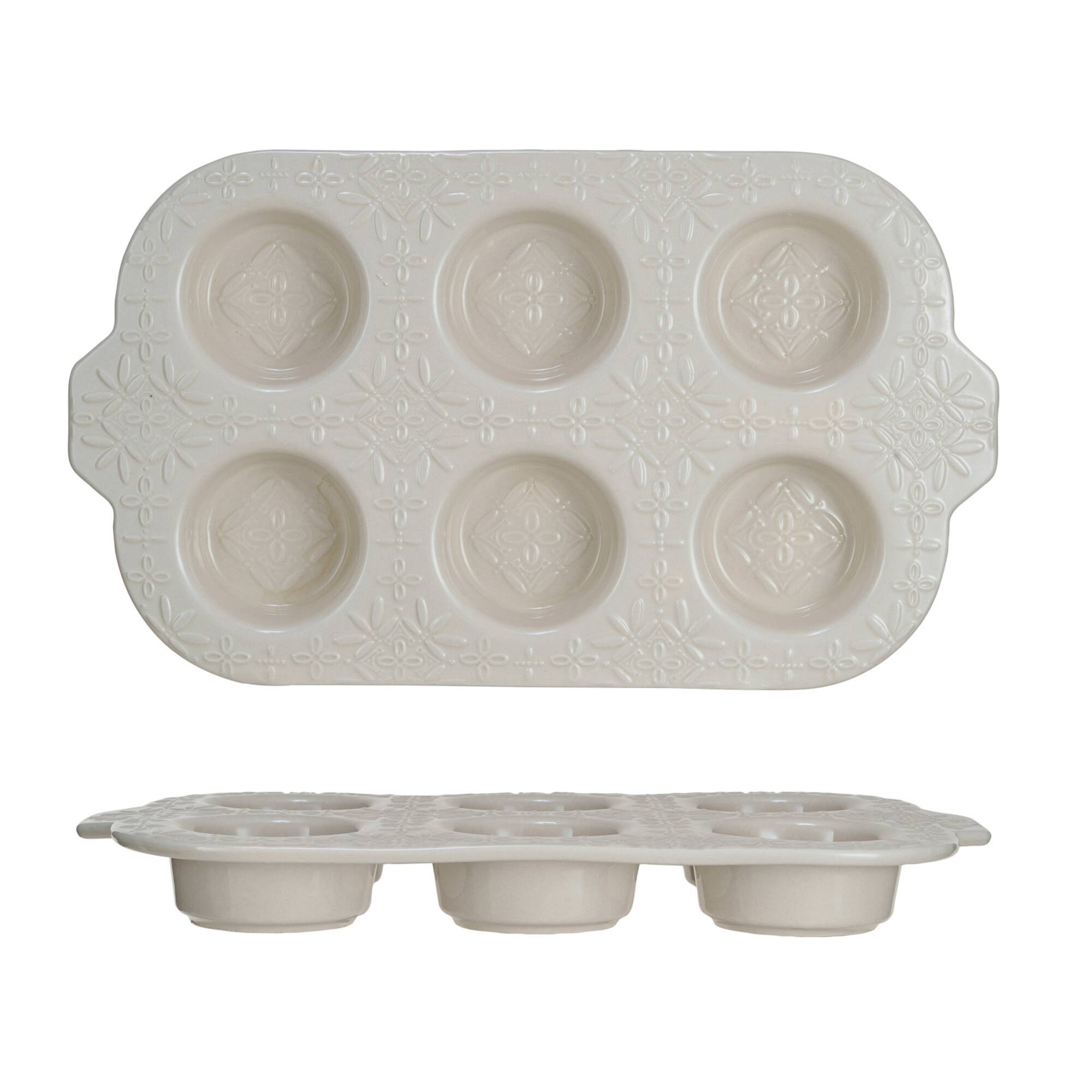 Hello Honey® 14" Cream Embossed 6-Muffin Stoneware Pan